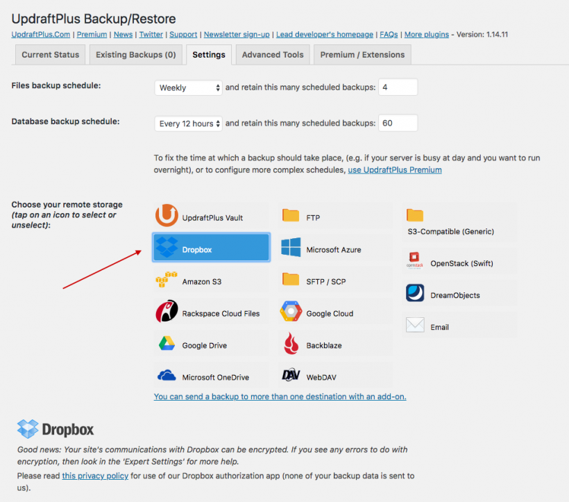 WordPress Dashboard: Settings > UpdraftPlus Backups > Settings Tab > Dropbox