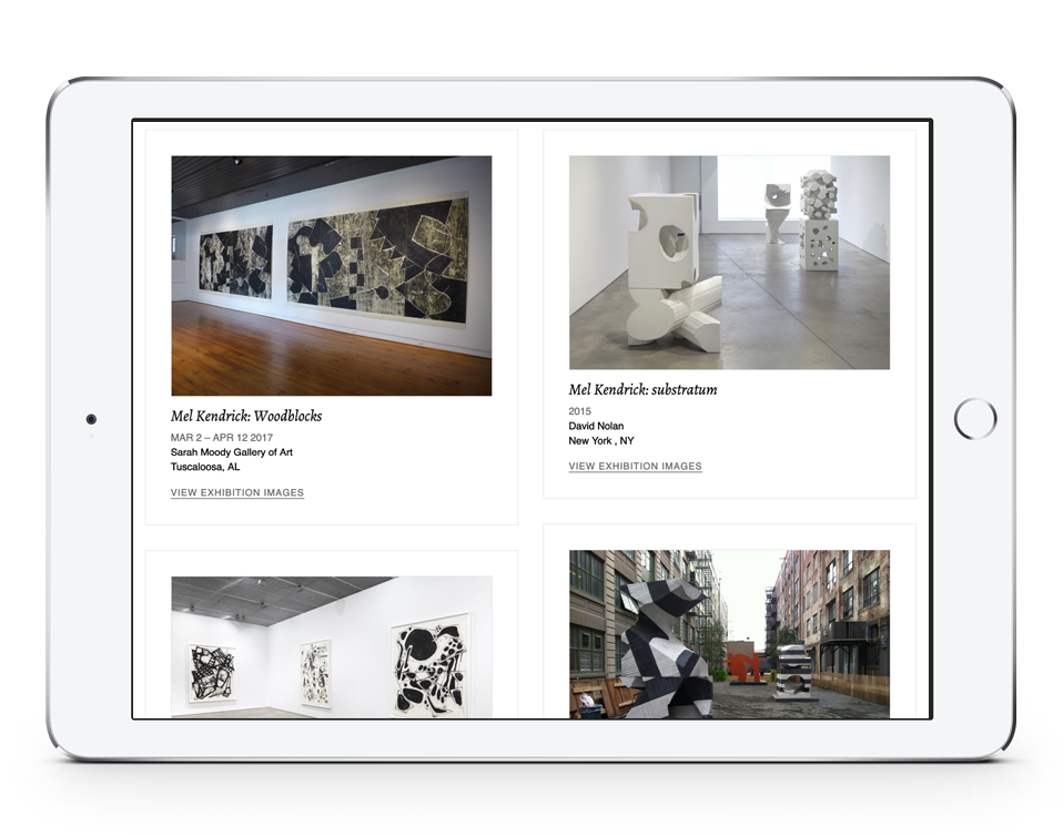 Mel Kendrick Exhibitions Page on tablet