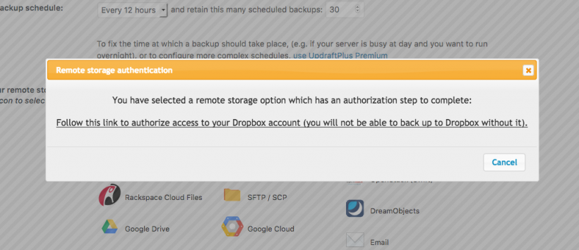UpdraftPlus DropBox Authorization Pop-up