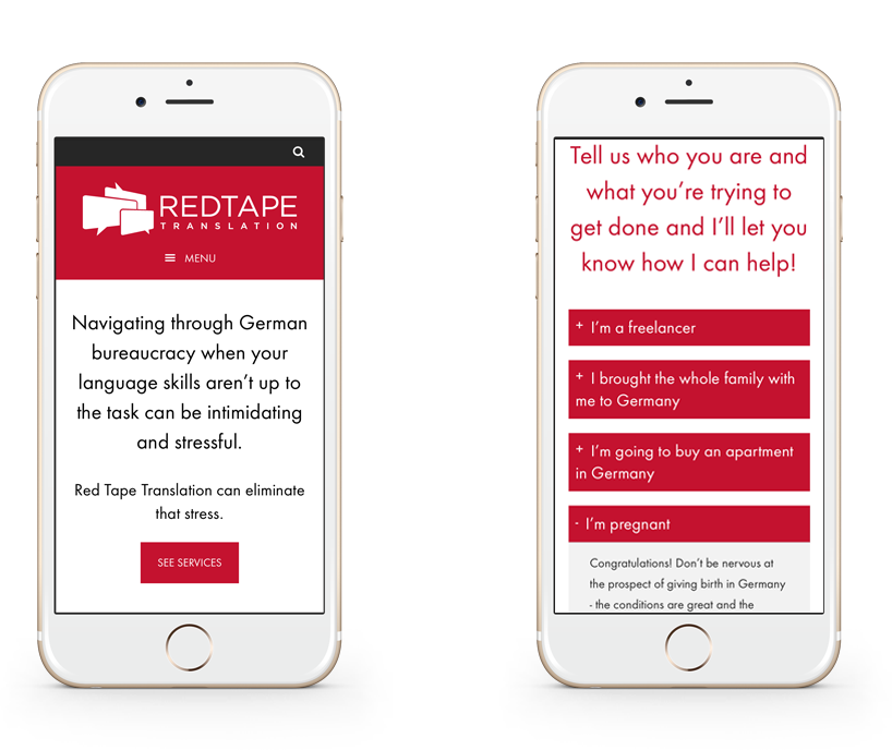 Red Tape Translation responsive website on mobile