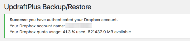 WordPress Dashboard: Settings > UpdraftPlus Backups > DropBox Success Message