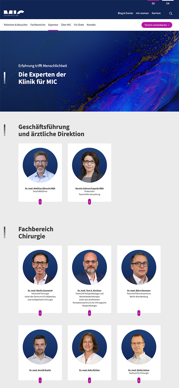 Klinik für MIC Website Experten Page on Desktop